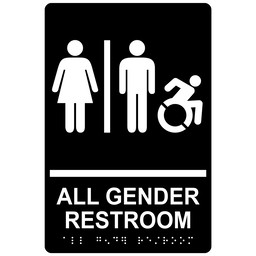 Black Braille ALL GENDER RESTROOM Sign with Dynamic Accessibility Symbol, 9x6 in. Acrylic