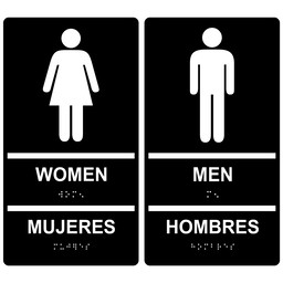 Black ADA Braille Women Mujeres + Men Hombres Restroom Sign Set, 11x6 in. Acrylic
