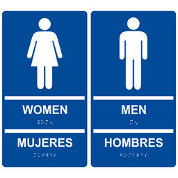Blue ADA Braille WOMEN MUJERES + MEN HOMBRES Restroom Sign Set, 11x6 in. Acrylic