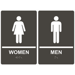 Charcoal Gray ADA Braille WOMEN - MEN Restroom Sign Set, 9x6 in. Acrylic