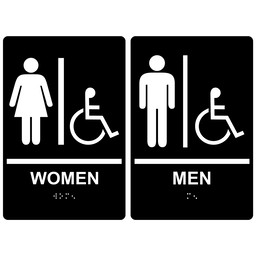 Black ADA Braille Women - Men Accessible Restroom Sign Set, 9x6 in. Acrylic