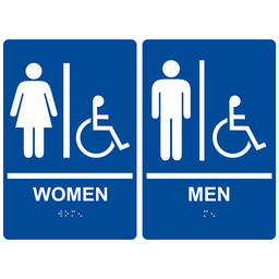 Blue ADA Braille WOMEN - MEN Accessible Restroom Sign Set, 9x6 in. Acrylic