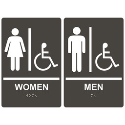 Charcoal Gray ADA Braille WOMEN - MEN Accessible Restroom Sign Set, 9x6 in. Acrylic