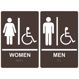 Dark Brown ADA Braille WOMEN - MEN Accessible Restroom Sign Set, 9x6 in. Acrylic