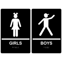 Black ADA Braille GIRLS - BOYS Restroom Sign Set, 9x6 in. Acrylic