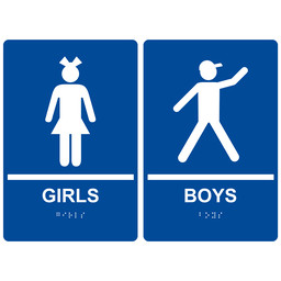Blue ADA Braille GIRLS - BOYS Restroom Sign Set, 9x6 in. Acrylic
