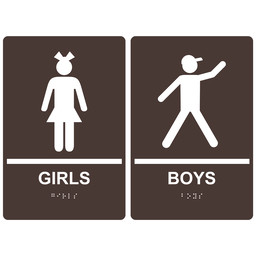 Dark Brown ADA Braille GIRLS - BOYS Restroom Sign Set, 9x6 in. Acrylic