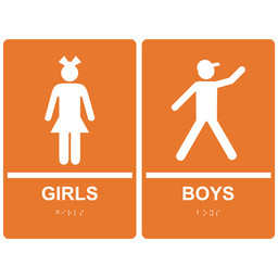 Orange ADA Braille GIRLS - BOYS Restroom Sign Set, 9x6 in. Acrylic