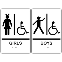 White ADA Braille GIRLS - BOYS Accessible Restroom Sign Set, 9x6 in. Acrylic