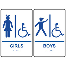 White ADA Braille GIRLS - BOYS Accessible Restroom Sign Set, 9x6 in. Acrylic
