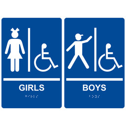 Blue ADA Braille GIRLS - BOYS Accessible Restroom Sign Set, 9x6 in. Acrylic