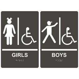 Charcoal Gray ADA Braille GIRLS - BOYS Accessible Restroom Sign Set, 9x6 in. Acrylic