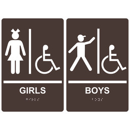 Dark Brown ADA Braille GIRLS - BOYS Accessible Restroom Sign Set, 9x6 in. Acrylic
