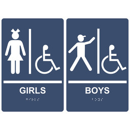 Navy ADA Braille GIRLS - BOYS Accessible Restroom Sign Set, 9x6 in. Acrylic