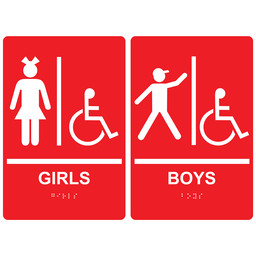 Red ADA Braille GIRLS - BOYS Accessible Restroom Sign Set, 9x6 in. Acrylic