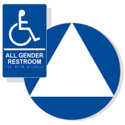 White on Blue California Title 24 Accessible All Gender Restroom Sign Set, 12 in. + 9x6 in. Acrylic