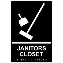 Black ADA Braille Janitors Closet Sign, 9x6 in. Acrylic