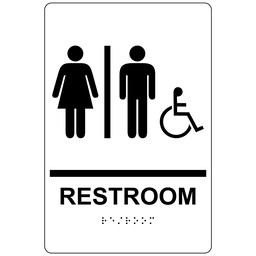 White ADA Braille RESTROOM Sign With Accessible Symbol, 9x6 in. Acrylic