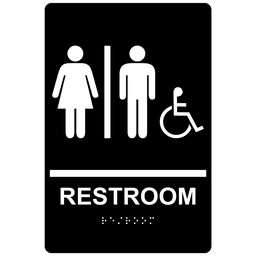 Black ADA Braille RESTROOM Sign With Accessible Symbol, 9x6 in. Acrylic