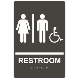 Charcoal Gray ADA Braille RESTROOM Sign With Accessible Symbol, 9x6 in. Acrylic