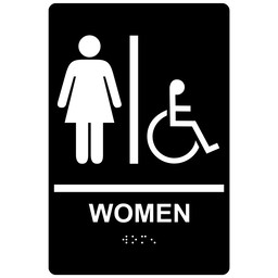 Black ADA Braille WOMEN Accessible Restroom Sign, 9x6 in. Acrylic