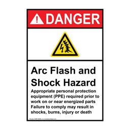 Portrait ANSI DANGER Arc Flash and Shock Hazard Sign with Symbol