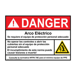 Spanish ANSI DANGER Arc Flash Hazard PPE Required Sign With Symbol ADS-9619