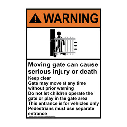 Portrait ANSI WARNING Moving Gate Can Cause Serious Injury Sign with Symbol