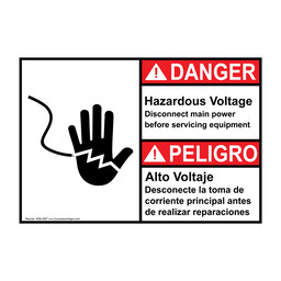 English + Spanish ANSI DANGER Hazardous Voltage Disconnect main power Sign With Symbol