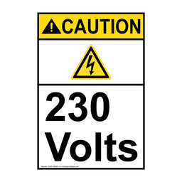 Portrait ANSI CAUTION 230 Volts Sign with Symbol ACEP-28590