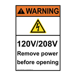 Portrait ANSI WARNING 120V/208V remove power Sign with Symbol AWEP-28587