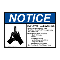 ANSI NOTICE EMPLOYEE HAND WASHING Use Soap And Running Water Sign with Symbol
