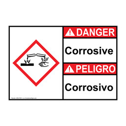 English + Spanish ANSI DANGER Corrosive - Corrosivo Sign with GHS Symbol