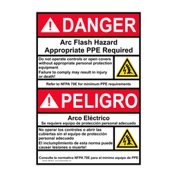 English + Spanish ANSI NFPA 70E DANGER Arc Flash Hazard Appropriate PPE Required Sign With Symbol