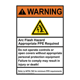 Portrait ANSI NFPA 70E WARNING Arc Flash Hazard PPE Required Sign with Symbol AWEP-9619