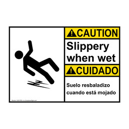 English + Spanish ANSI CAUTION Slippery When Wet With Symbol Sign With Symbol ACB-5790