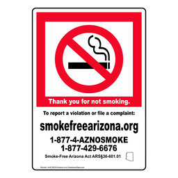 Arizona Thank you for not smoking. Smoke-Free AZ Sign