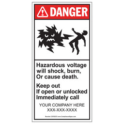 Custom ANSI DANGER Hazardous voltage will shock Label, 8X4 in. Vinyl