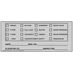 Silver Elevator Test Inspection Tag Sign, 4x2 in. Aluminum