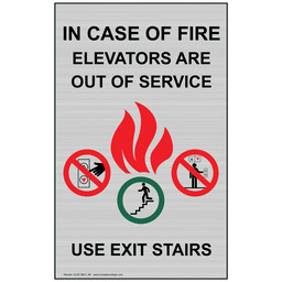 Silver In Case Of Fire Elevators Are Out Of Service Use Exit Sign, 8x5 in. Aluminum