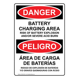 English + Spanish OSHA DANGER Battery Charging Area Risks Sign
