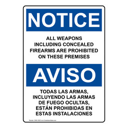 English + Spanish OSHA NOTICE Concealed Firearms Prohibited Sign ONB-16325