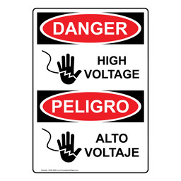 English + Spanish OSHA DANGER High Voltage Sign With Symbol