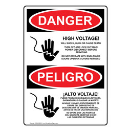 English + Spanish OSHA DANGER High Voltage Will Shock Death Sign With Symbol