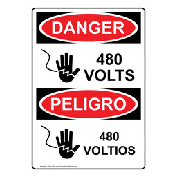 English + Spanish OSHA DANGER 480 Volts Sign With Symbol