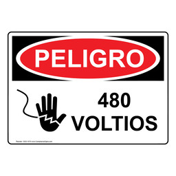 Spanish OSHA DANGER 480 Volts Sign With Symbol