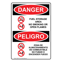 English + Spanish OSHA DANGER Fuel Storage Area No Smoking Sign With Symbol