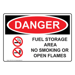 OSHA DANGER Fuel Storage Area No Smoking Or Open Flames Sign With Symbol