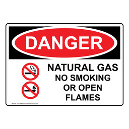 OSHA DANGER Natural Gas No Smoking Or Open Flames Sign With Symbol