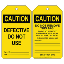 Do Not Operate Safety Tags - Tagout Defective Equipment
